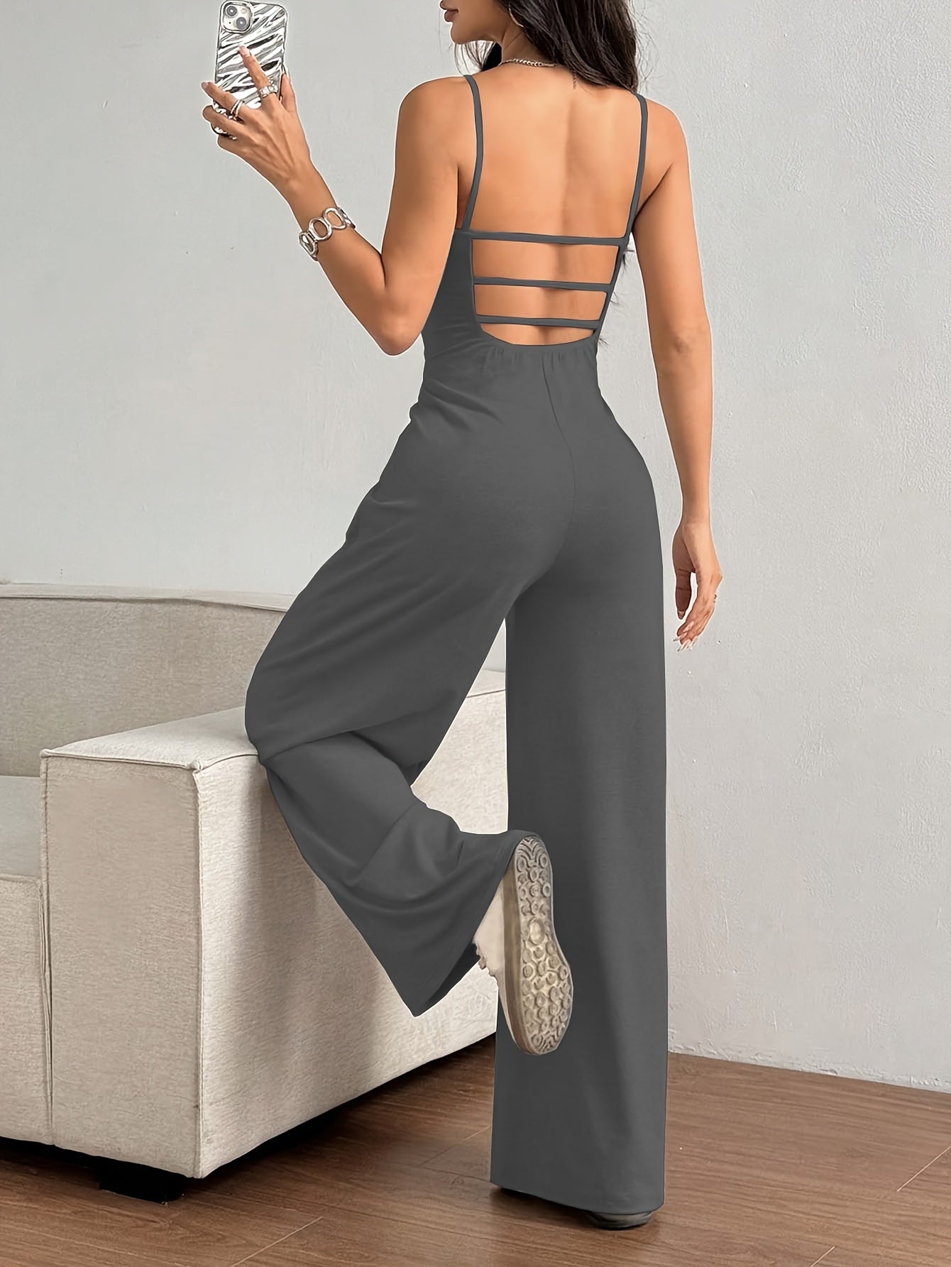 Women's Elegant Sleeveless Backless Jumpsuit - Soft Stretchy Straight-Leg Pants with Mid-Thigh Slant Pockets, Machine Washable Spring/Summer Casual to Party Wear for Beach Outings & Formal Events, Summer Outfit | Comfortable